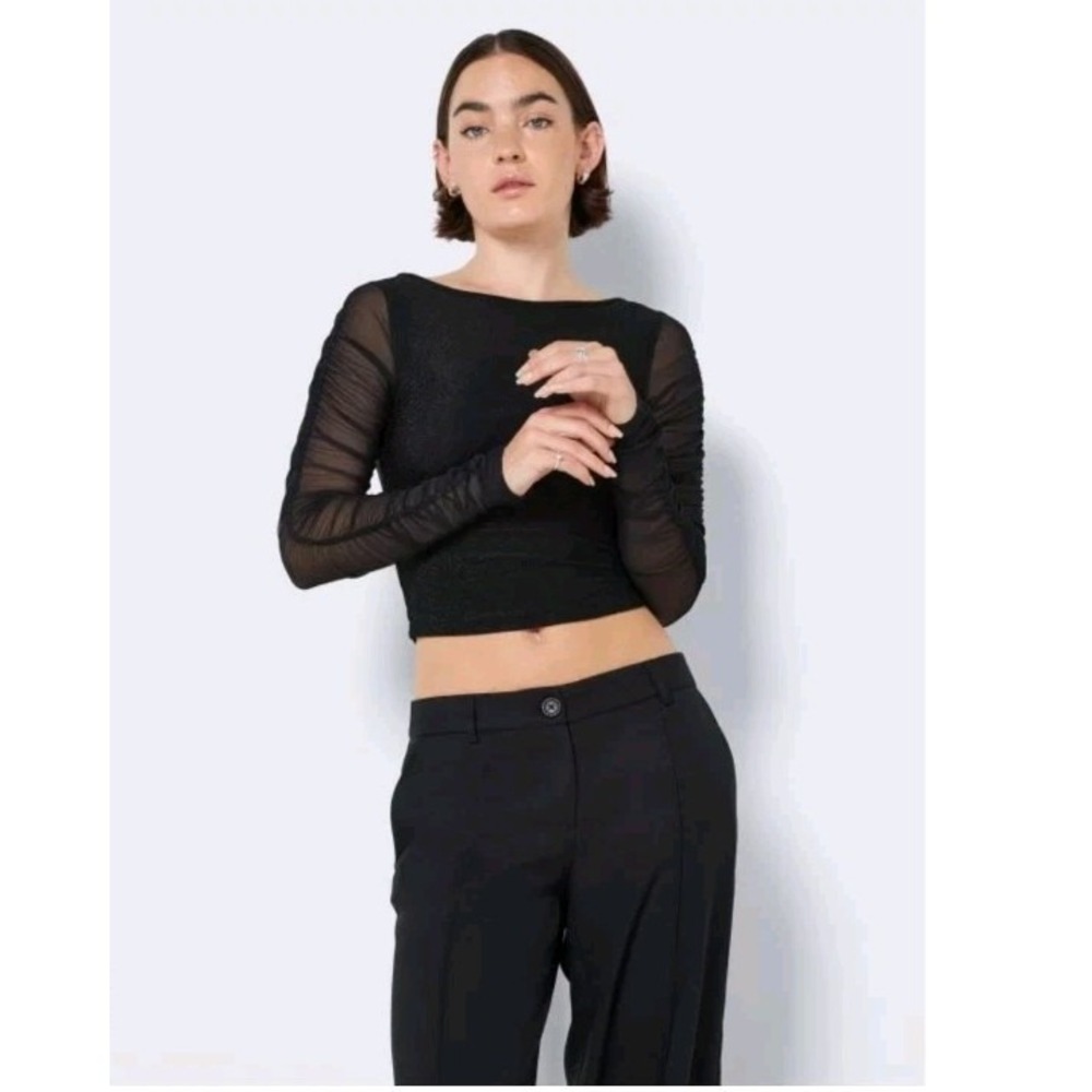 Noisy May Black Sheer Sleeve Long Sleeve Top Small Metallic Cropped Blouse Shiny - Picture 2 of 11